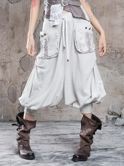 ARIADNAw Light Gray Retro Punk Drop Crotch Big Pocket Rhinestone Women&