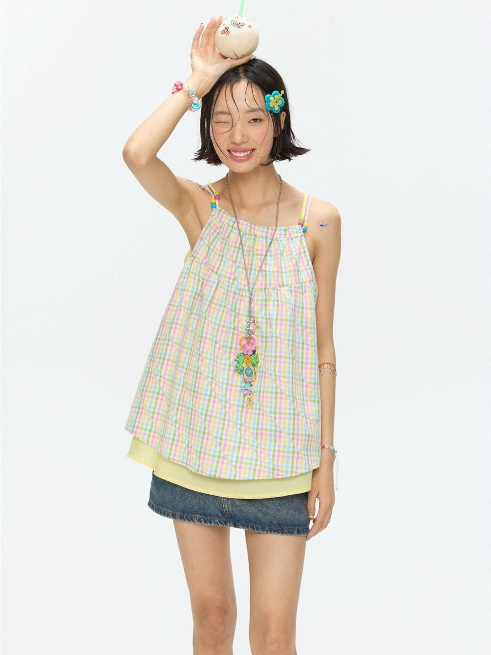 BETWEENAND Colorful Plaid Adjustable Straps Loose Fit Women&