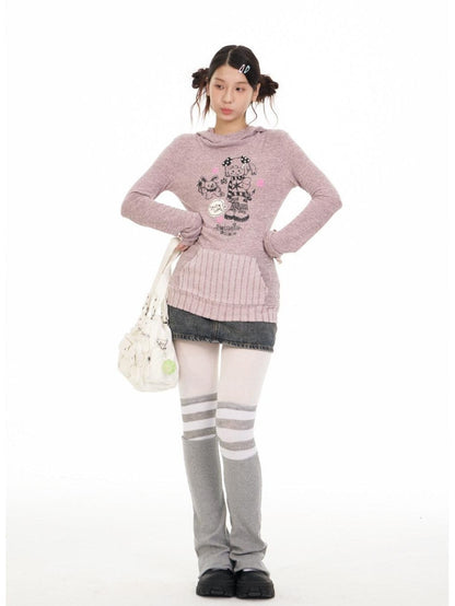 BETWEENAND Bunny Ear Hood Puff Print Straight Cut Women&