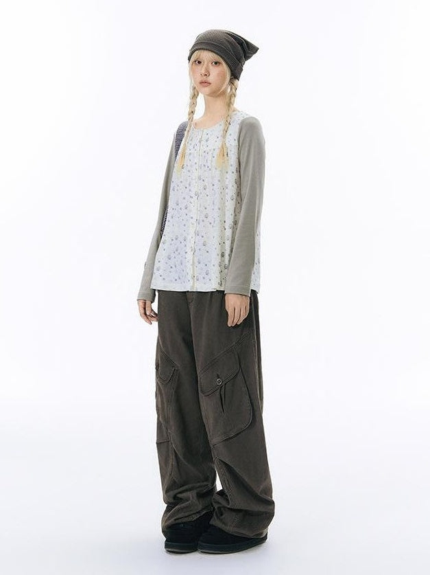 NAPSNAPS Floral Print Distressed Wide Leg Cotton Women&