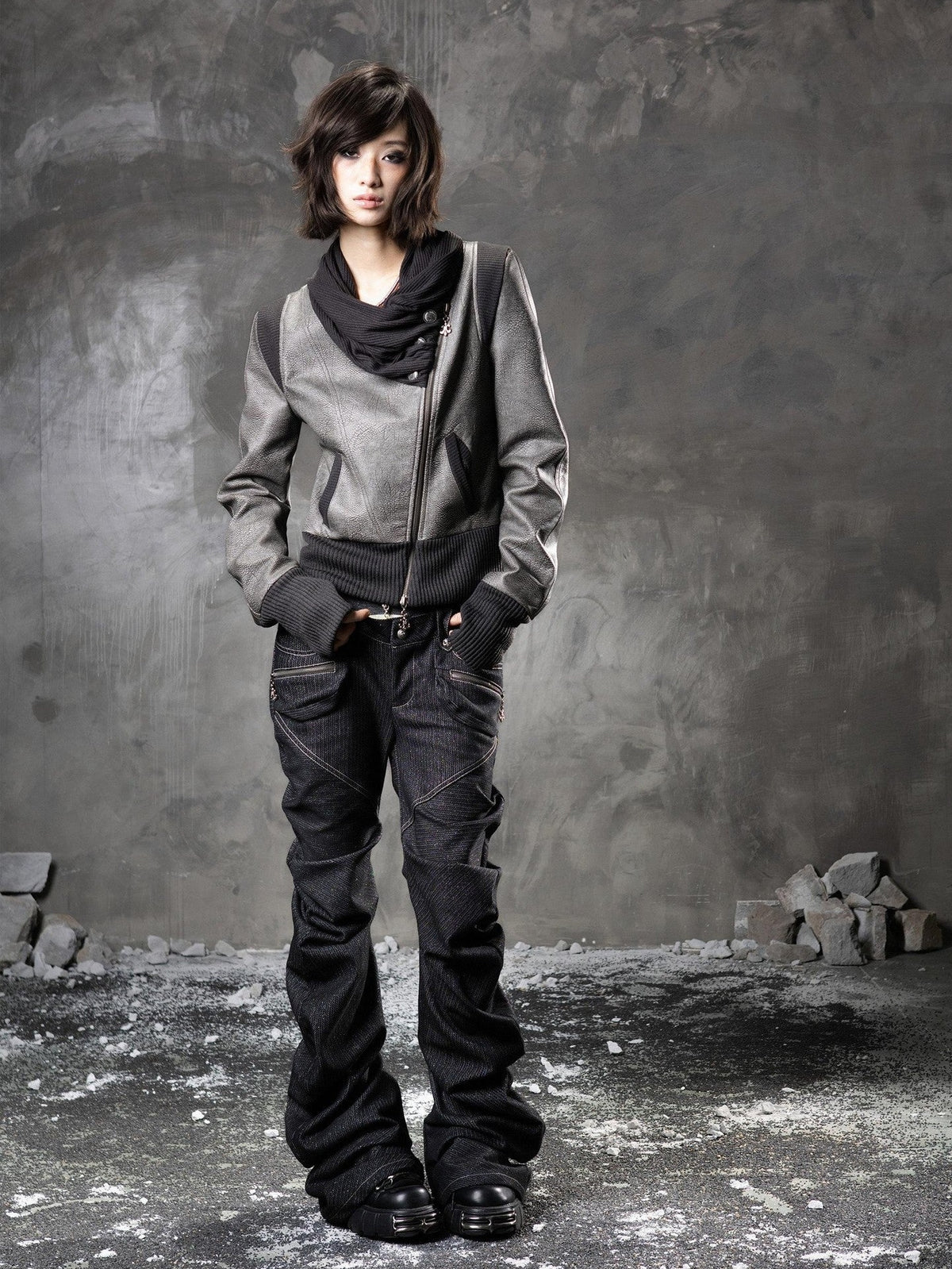 ARIADNAw Black Denim Punk Double Waistband Curved Stacked Texture Women&