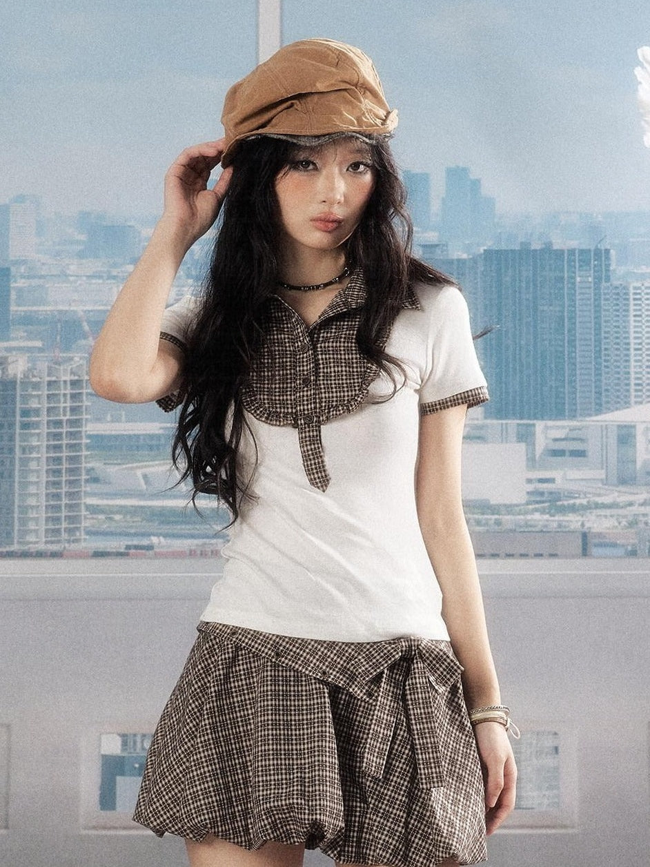 ALL iN plan Modal Waist Slimming Casual Collared A Sleeve Plaid Women Blouse