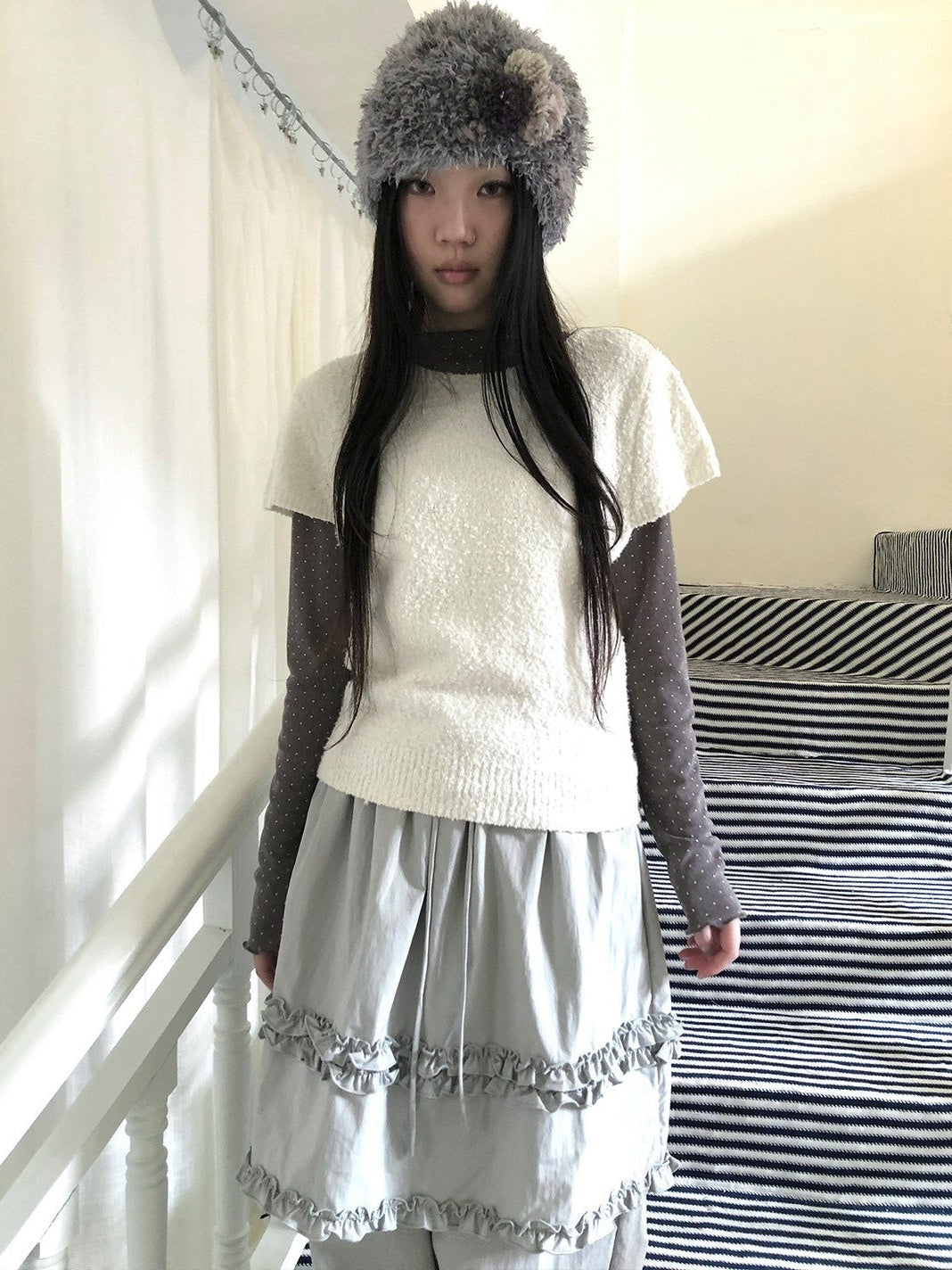 ang project Textured Vintage Round Neck Solid Flutter Sleeve Women&
