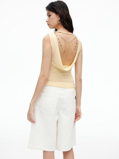 AFTADAWN Cooling Silky Backless Cowl Neck Detachable Chain Ruched Women&