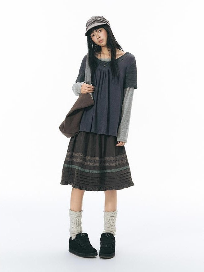NAPSNAPS Vintage Spliced Faux Layered Round Neck Women&