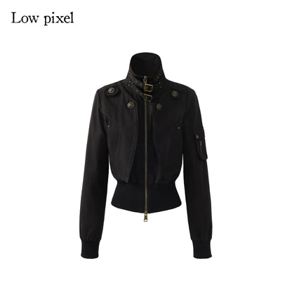 Low pixel Plush Lined Waist Cinch Dark Goth Slim Fit Women Zip High Collar Cropped Jackets