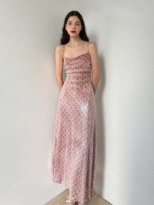 AFTADAWN Nebula Pink Polka Dot Sequin Cowl Pearl Chain Women&