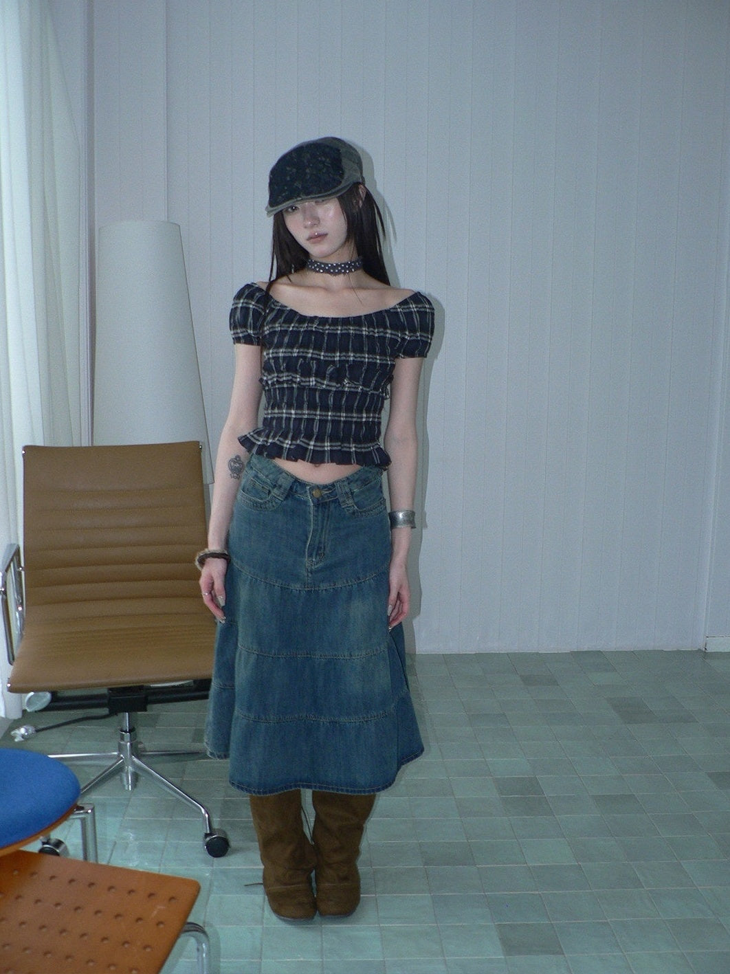 ang project Blue Plaid Off Shoulder Waist Cinched Puff Sleeve Printed Women&