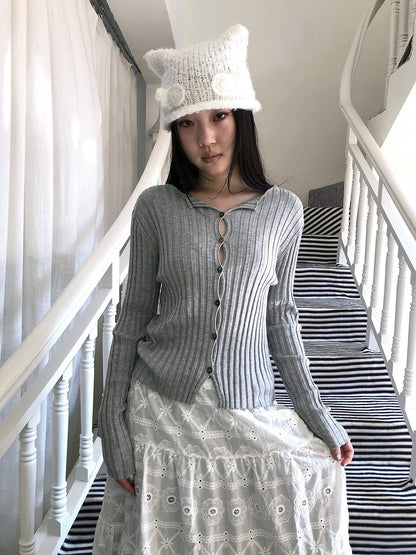 ang project Korean Ribbed V-neck Single Row Button Slim Fit Women&