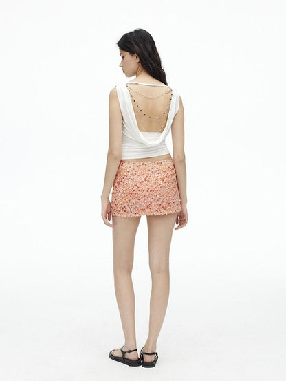 AFTADAWN Cooling Silky Backless Cowl Neck Detachable Chain Ruched Women&