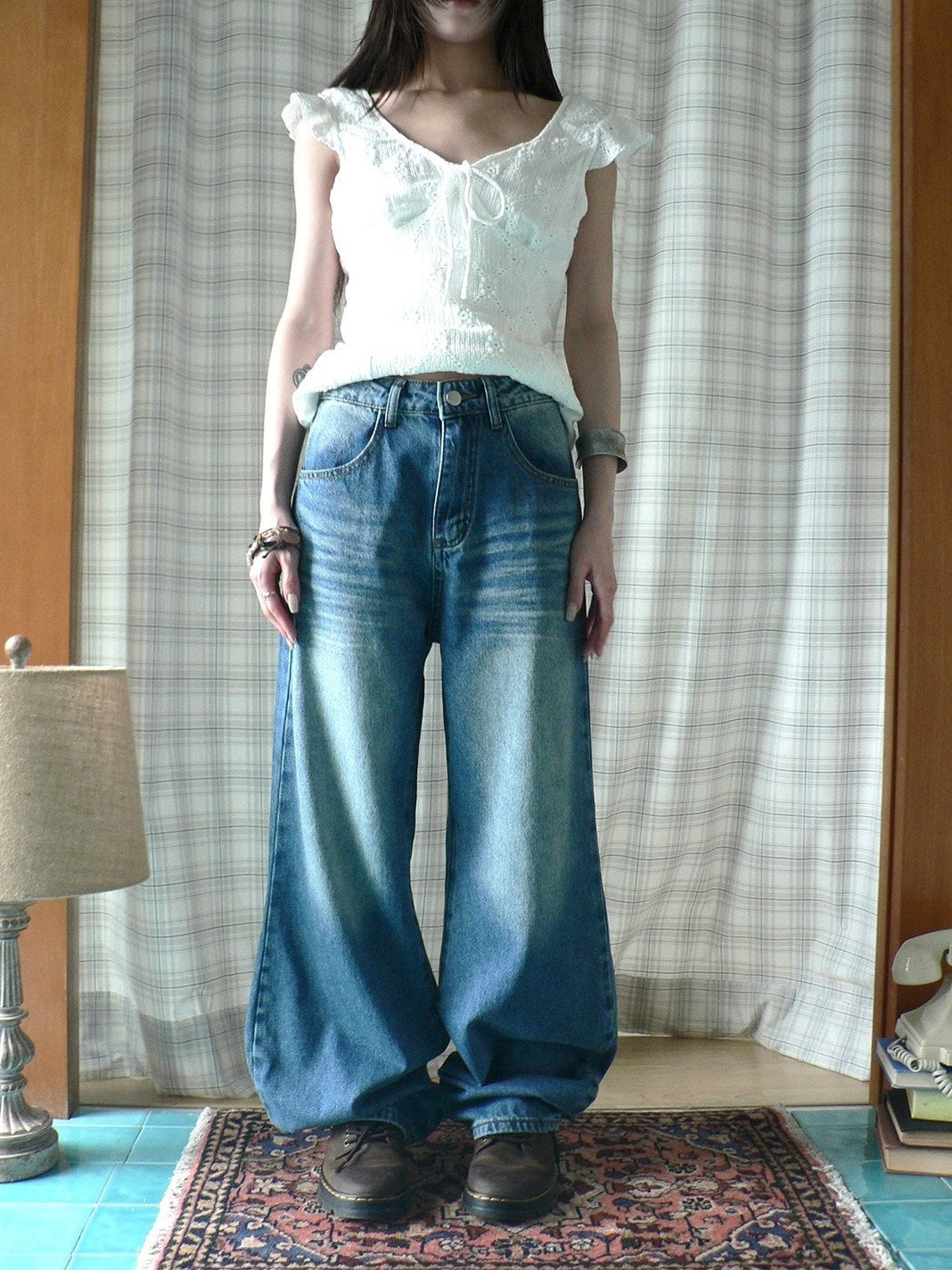 ang project Vintage Wash Whisker Distressed Straight Zip Fly Women&