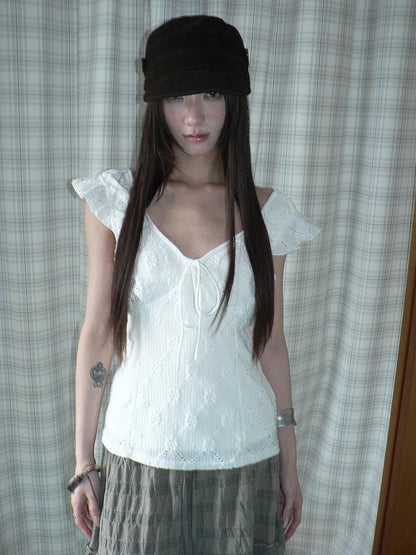 ang project White Cutout Embroidery V-neck Tie Slim Flutter Sleeves Women&