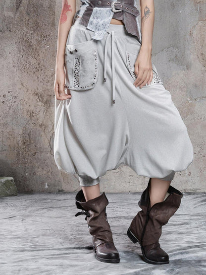 ARIADNAw Light Gray Retro Punk Drop Crotch Big Pocket Rhinestone Women&