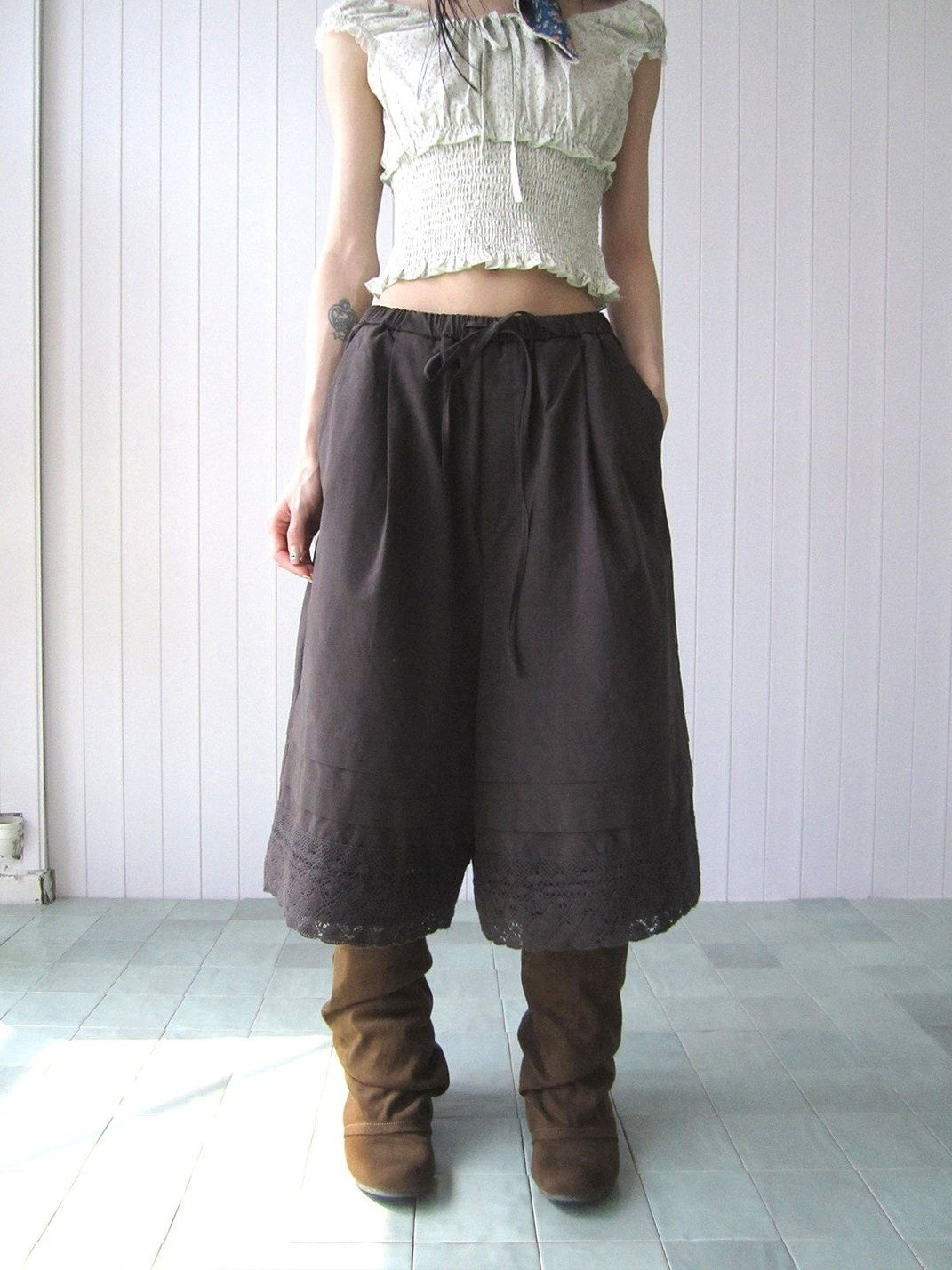 ang project Vintage Pleated Lace Elastic Waist Women&
