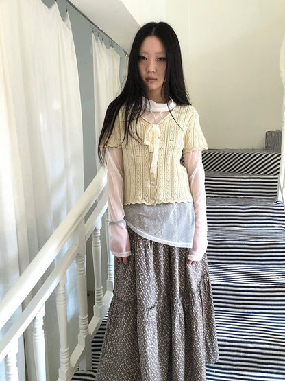 ang project Vintage Sweet V-neck Lace Tie Button Cutout Short Sleeve Women&