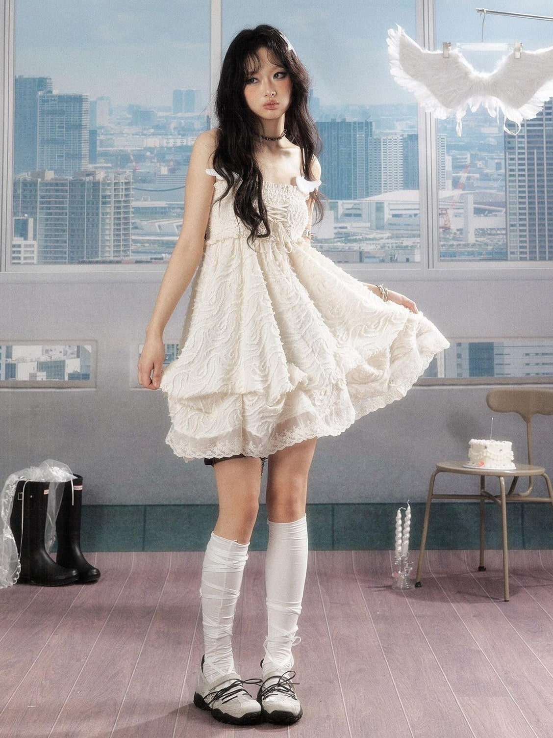 ALL iN plan Ivory Lace Panel Shirred Ruching Women&