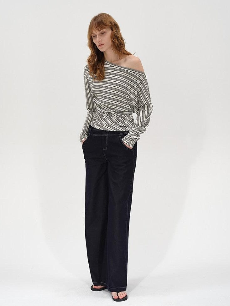 AFTADAWN Ruched Asymmetric Neck Striped Women&