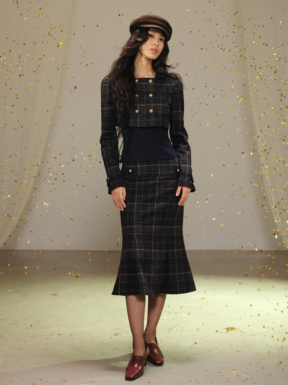 lvetong Plaid Wool Blend Cropped Jacket Long Sleeve Fishtail Skirt Women&