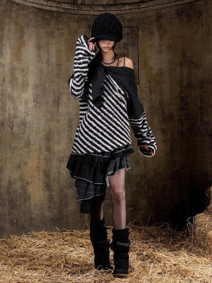 ARIADNAw Contrast Stripe Off Shoulder Punk Women&