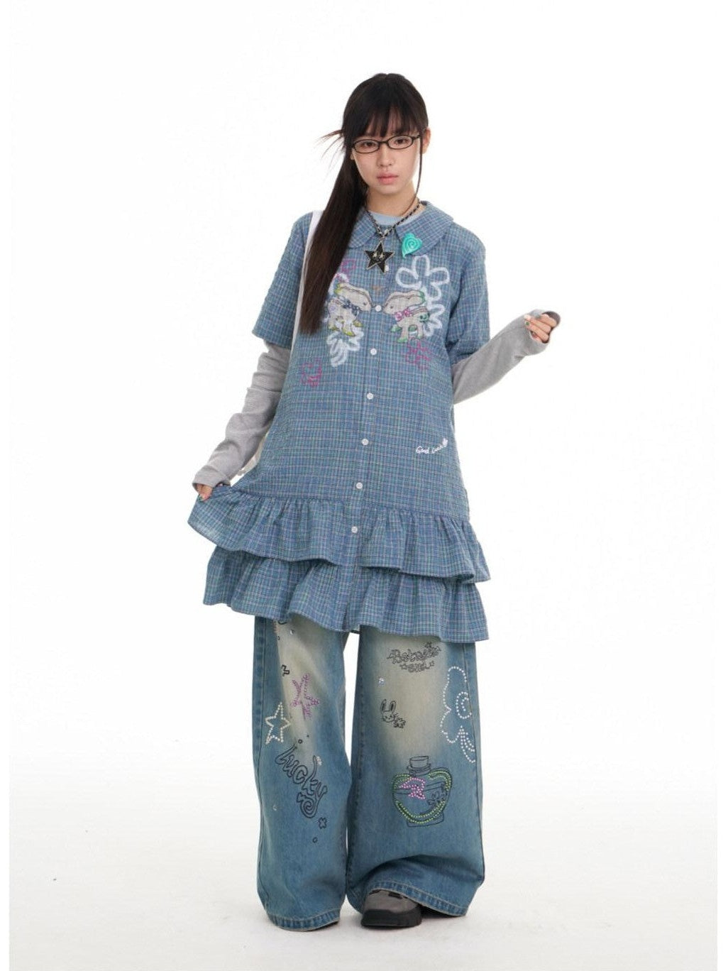 BETWEENAND Blue Deer Print Gingham Doll Collar Women&