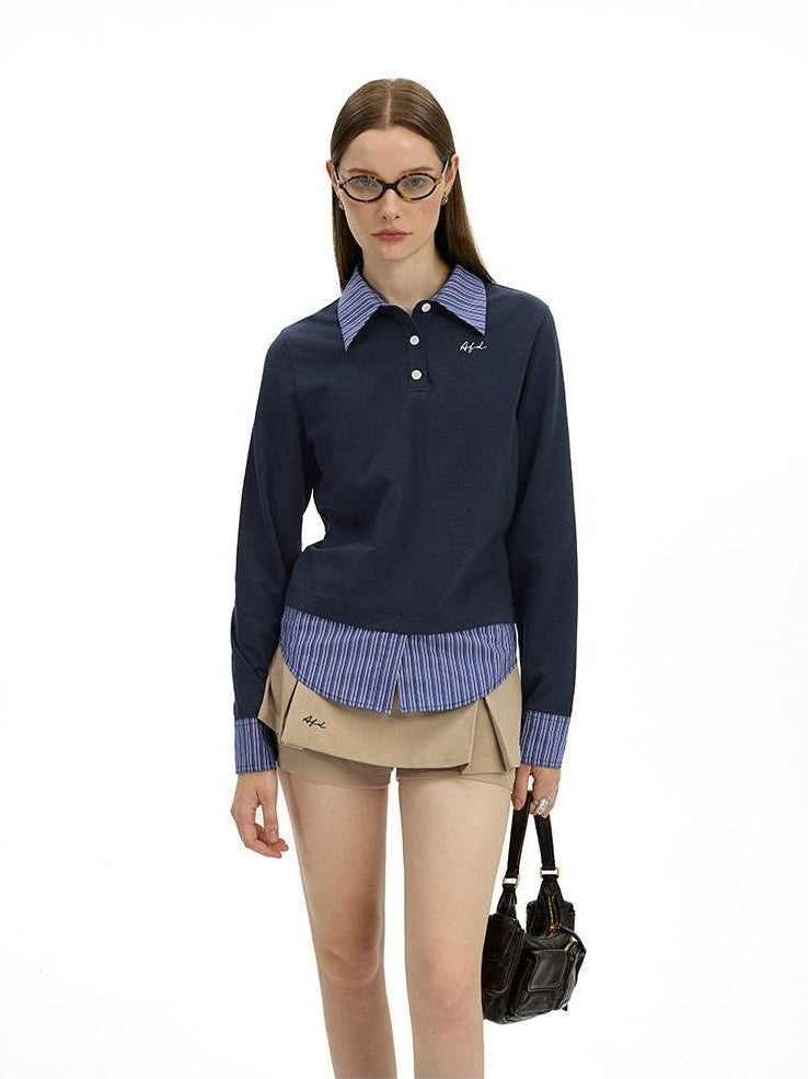 AFTADAWN Colorblock Faux Two Piece Polo Collar Striped Women&