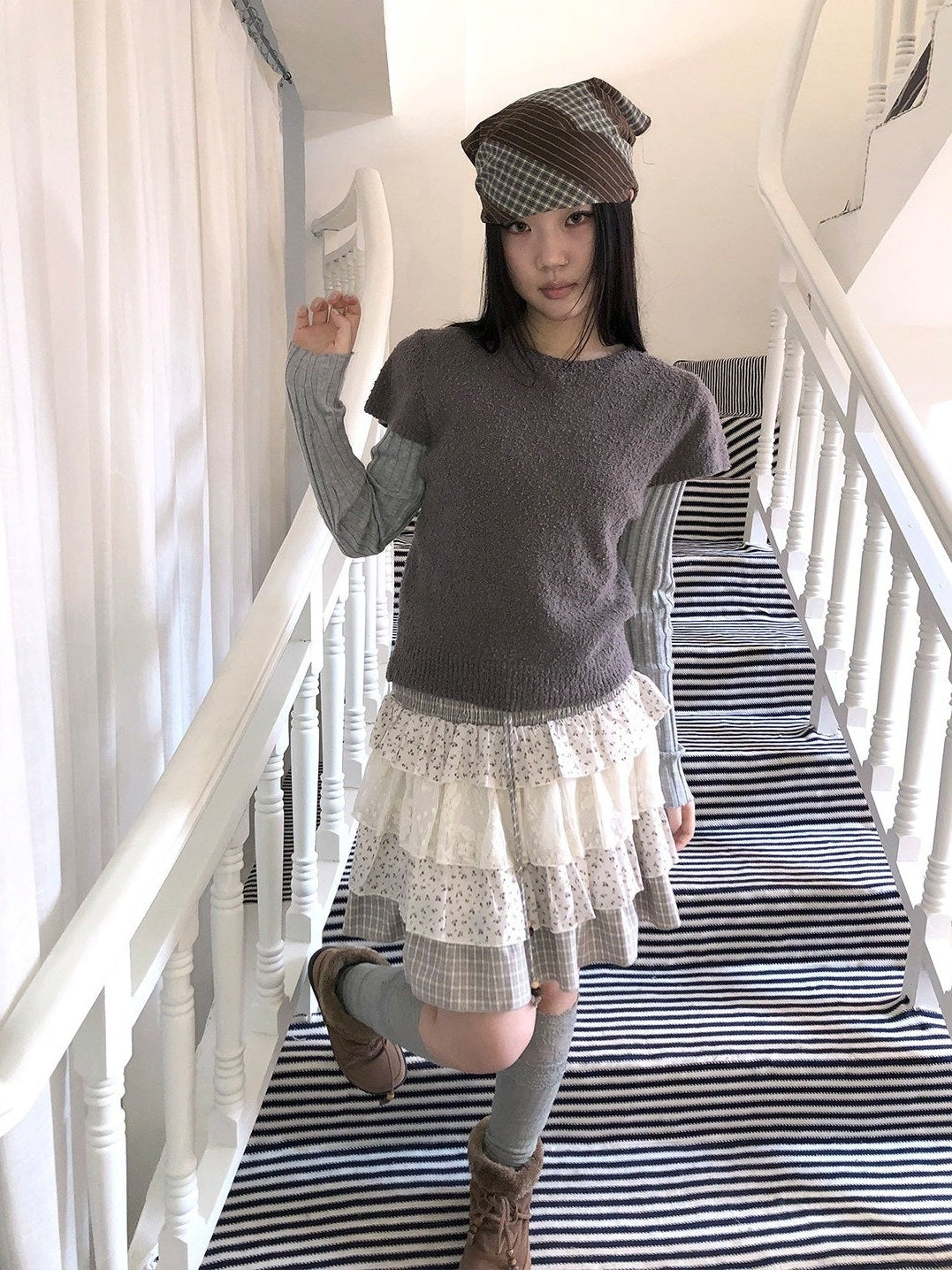 ang project Textured Vintage Round Neck Solid Flutter Sleeve Women&