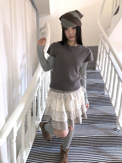 ang project Textured Vintage Round Neck Solid Flutter Sleeve Women&
