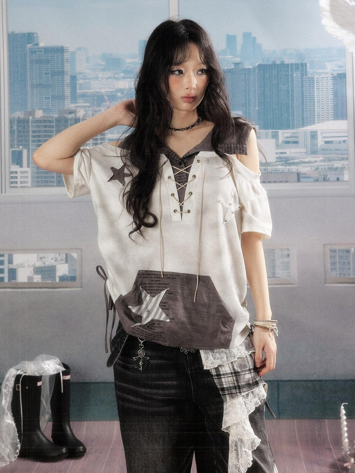 ALL iN plan Ivory Hooded Faux Layered Drawcord Star Women&