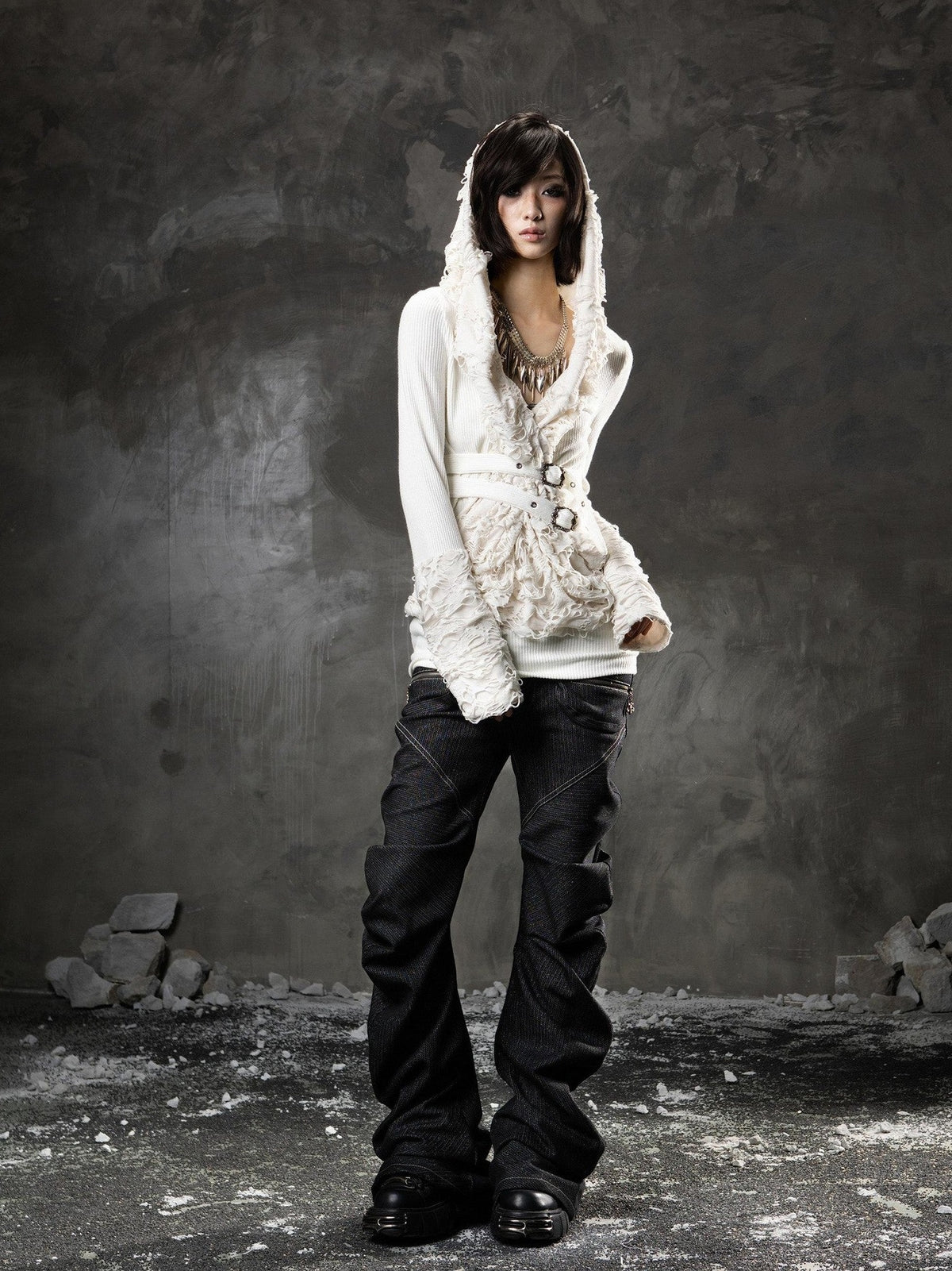 ARIADNAw Black Denim Punk Double Waistband Curved Stacked Texture Women&