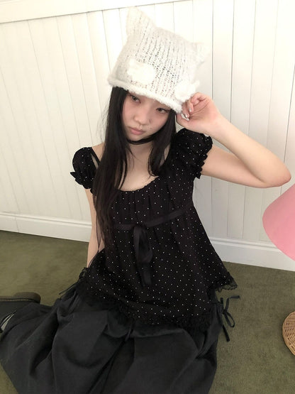 ang project Polka Dot Lace Splice Tie Puff Sleeve Square Neck Women&