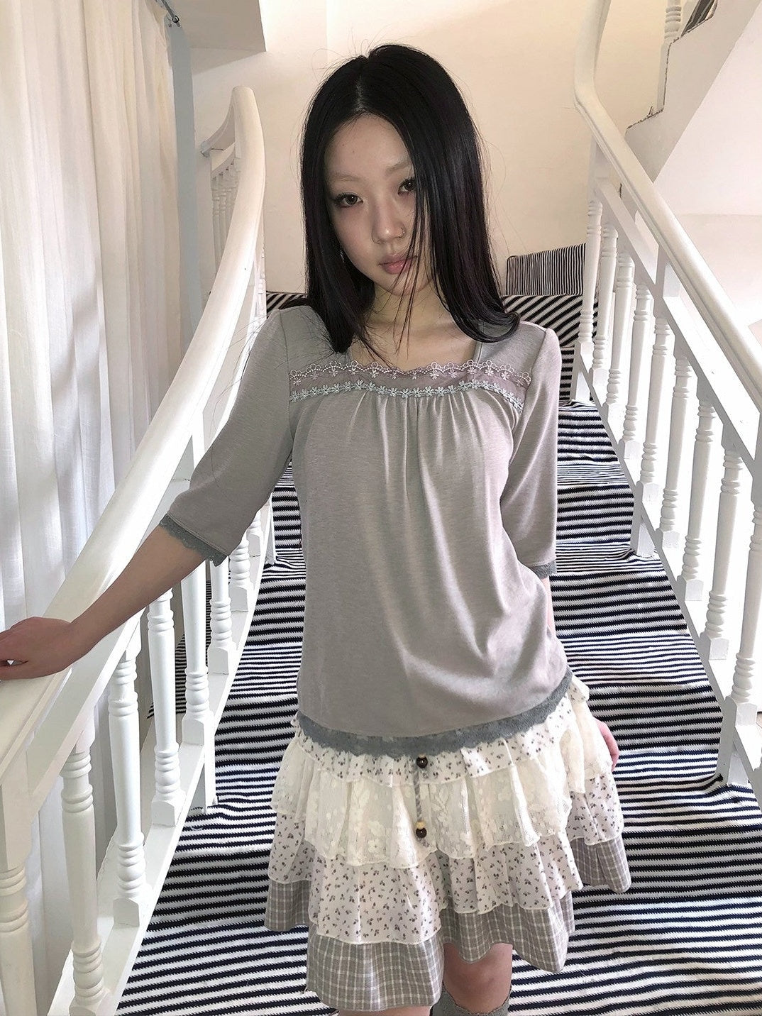 ang project Oatmeal Grey Lace Trim Spliced Square Neck Fitted Women&