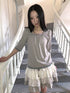 ang project Oatmeal Grey Lace Trim Spliced Square Neck Fitted Women&