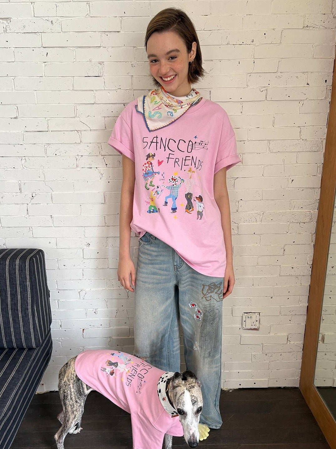 sancco house White Pink Cute Print Crew Neck Women&