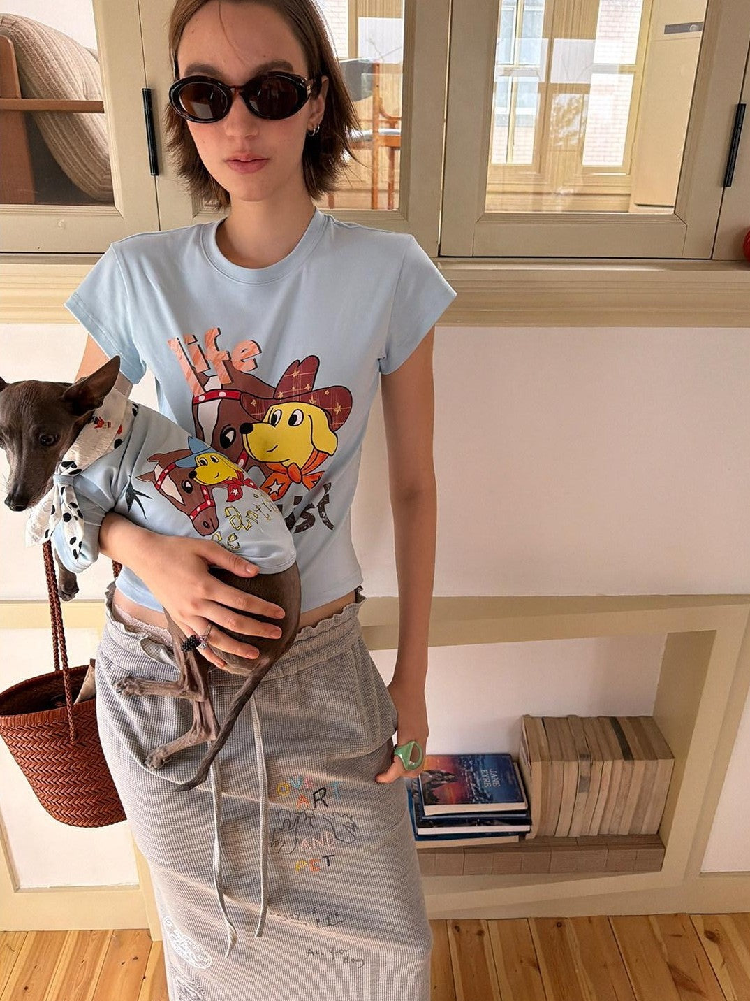 sancco house Denim Puppy Illustration Print Crop Crew Neck Women&