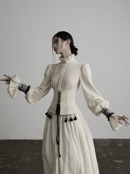INDULGE_Vintage_Ruffled_Lace_Neck_Cinched_Waist_Long_Sleeve_Pure_Cotton_Women&
