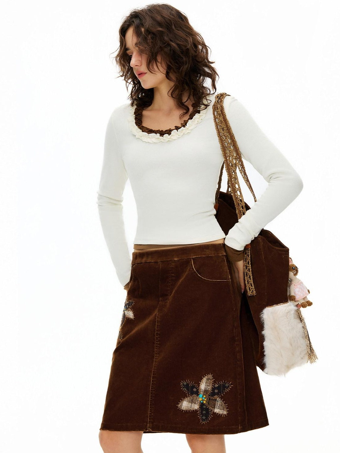 OuttheBlue Viscose Cotton Knit Slim Cropped U Neck Casual Women Travel Long Sleeve T-Shirts