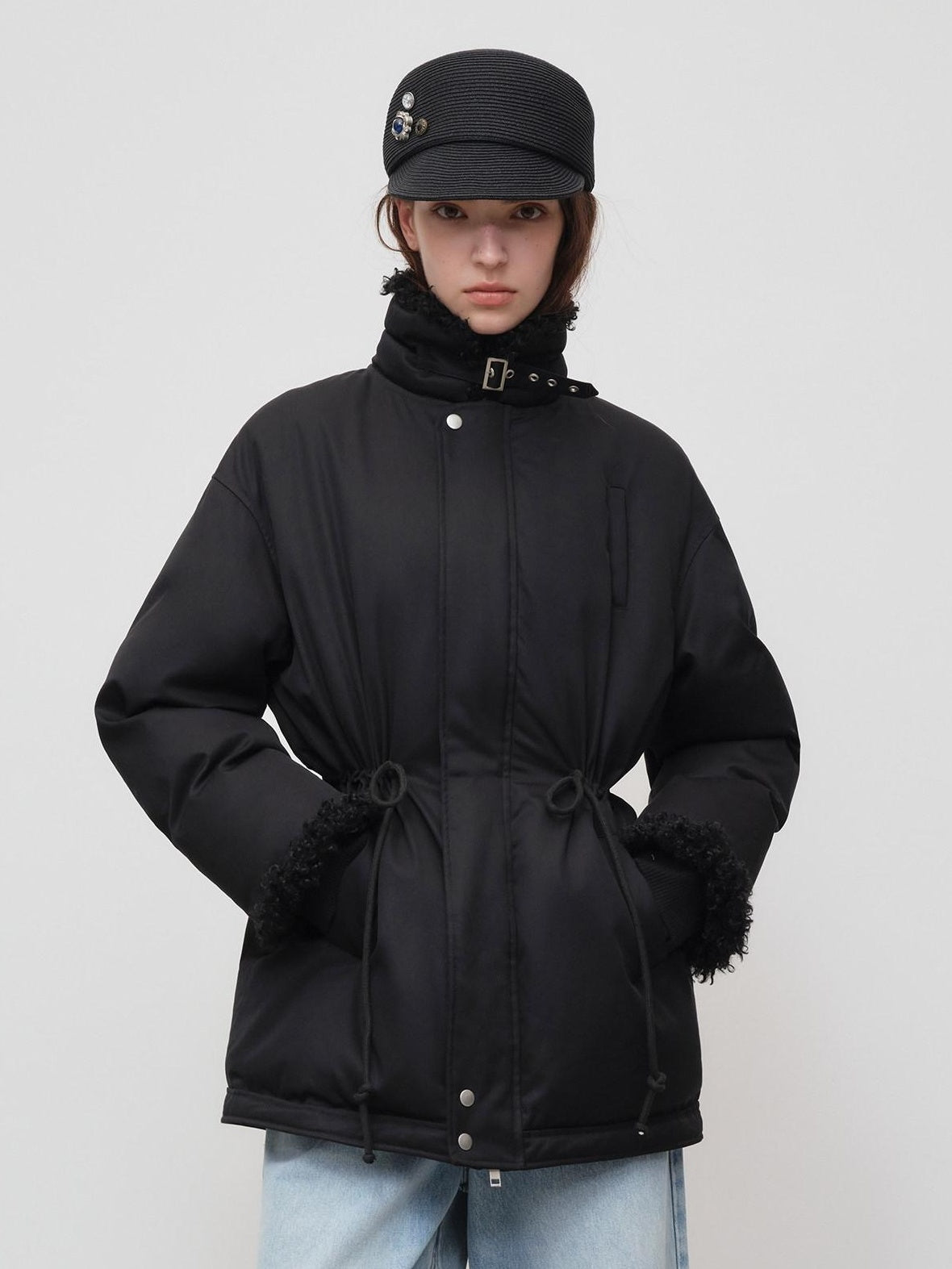 RUN TO THE FUTURE Classic Black Cotton Commuter Loose Fit Stand Collar Zipper Outerwear Parkas
