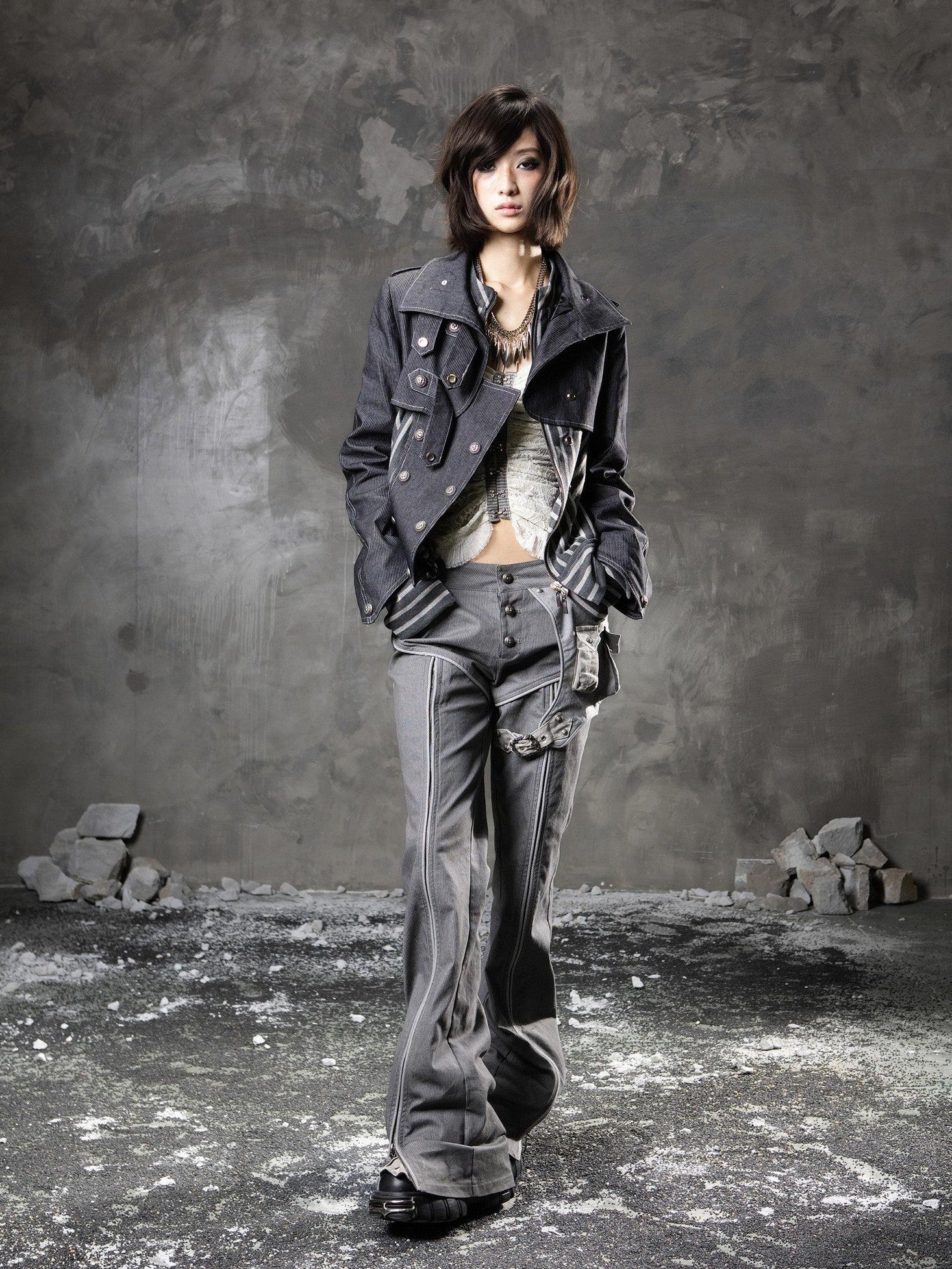 ARIADNAw Denim Blue Asymmetrical Striped Patchwork Original Design Women&