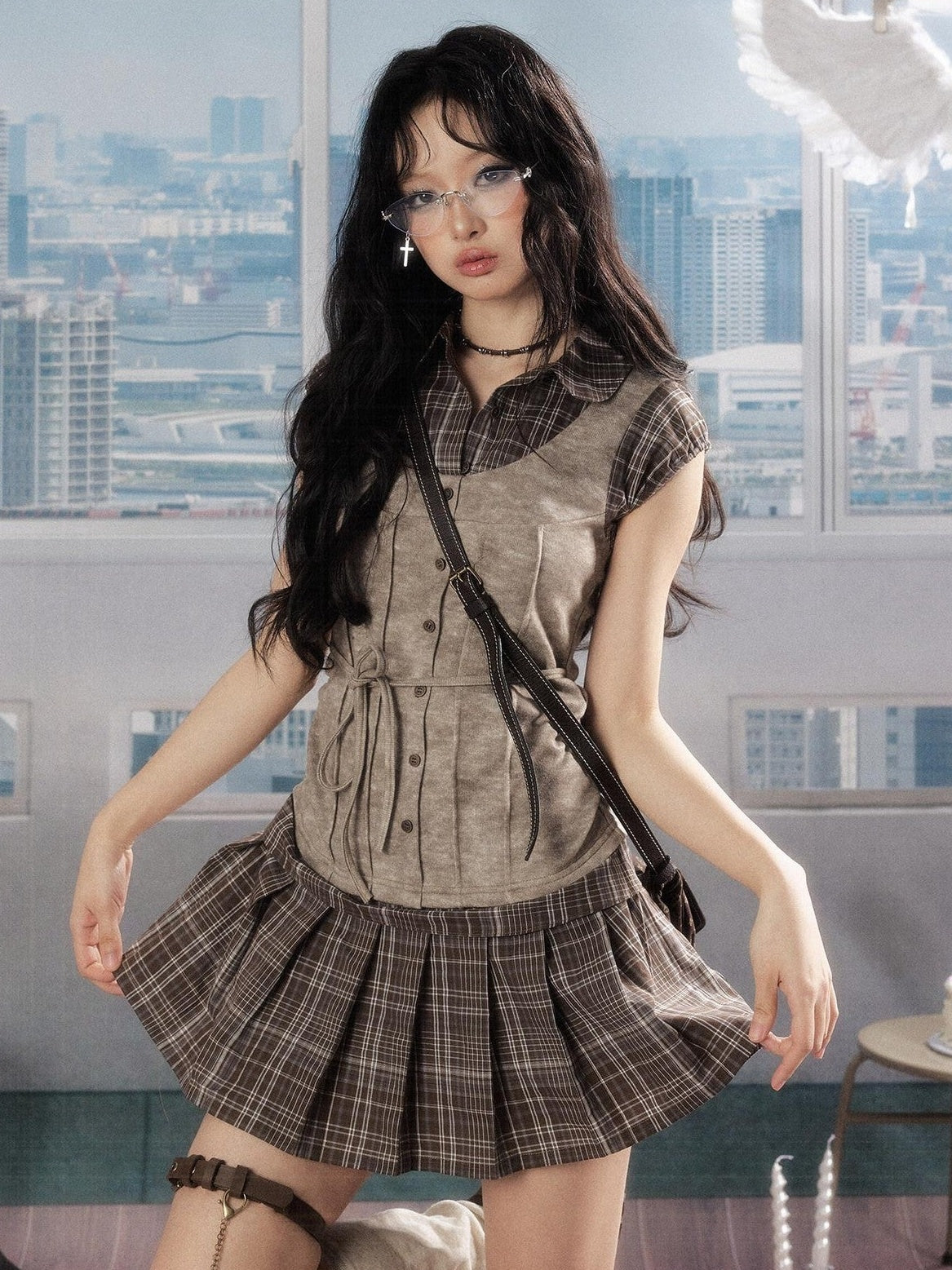 ALL iN plan Plaid Patchwork Doll Collar Button Pleated Women&
