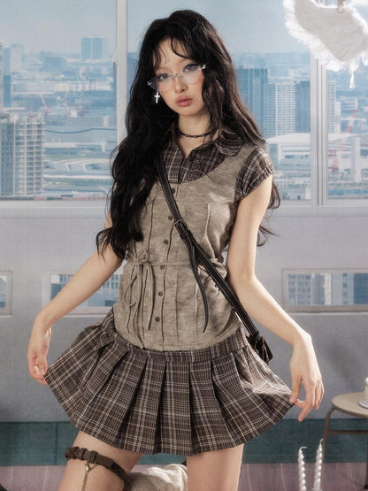 ALL iN plan Plaid Patchwork Doll Collar Button Pleated Women&