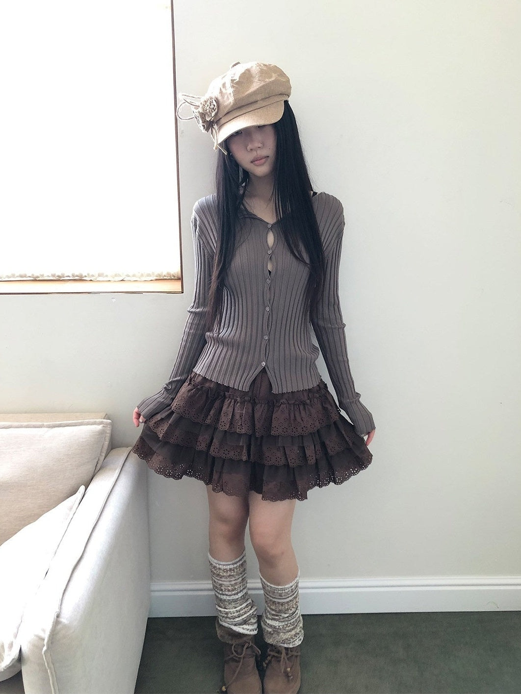 ang project Korean Ribbed V-neck Single Row Button Slim Fit Women&