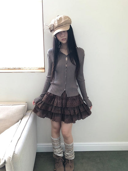 ang project Korean Ribbed V-neck Single Row Button Slim Fit Women&