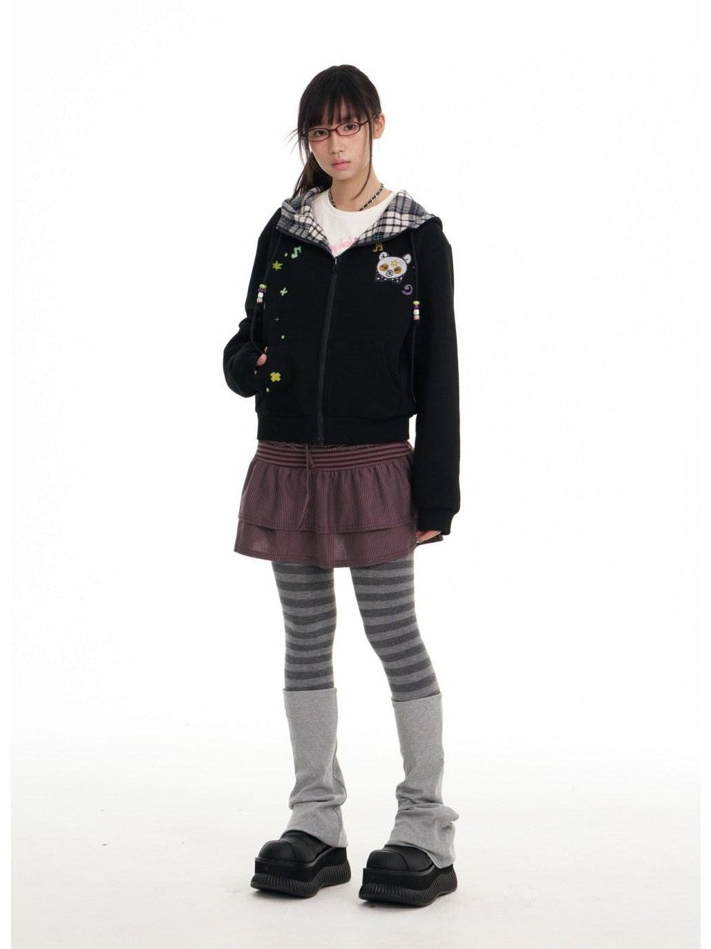 BETWEENAND Black Plaid Reversible Hooded Women&