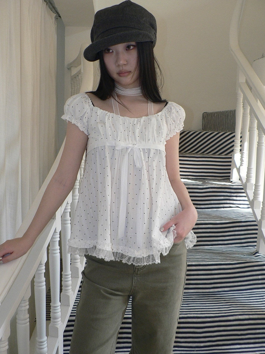 ang project Polka Dot Lace Splice Tie Puff Sleeve Square Neck Women&