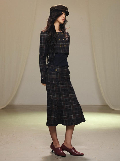 lvetong Plaid Wool Blend Cropped Jacket Long Sleeve Fishtail Skirt Women&