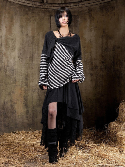 ARIADNAw Contrast Stripe Off Shoulder Punk Women&