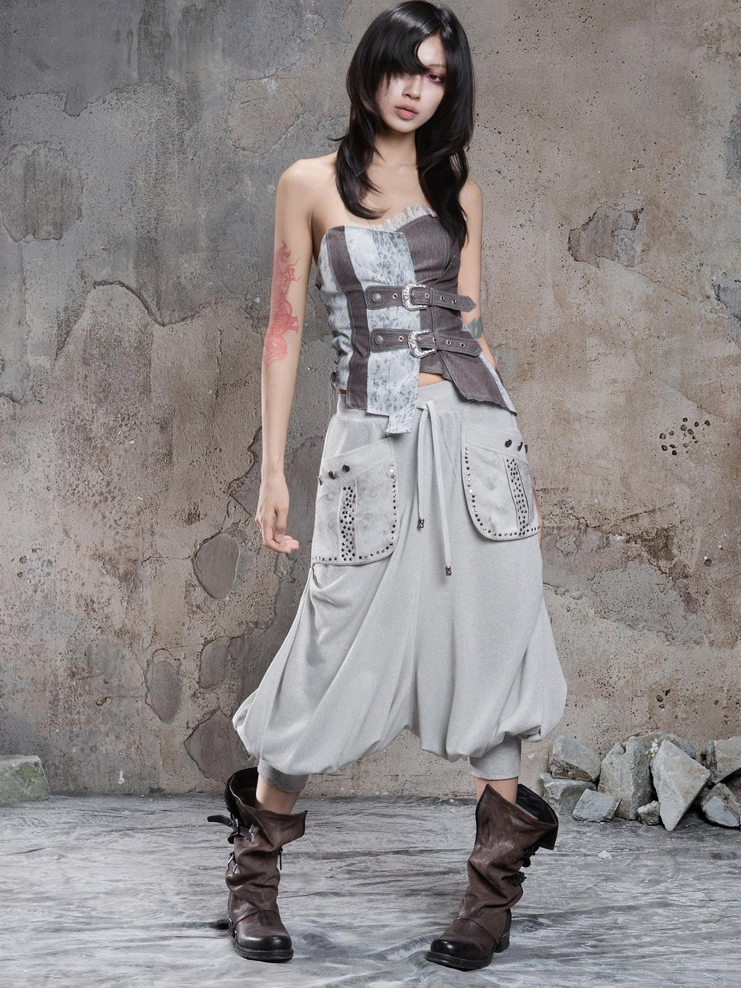 ARIADNAw Light Gray Retro Punk Drop Crotch Big Pocket Rhinestone Women&