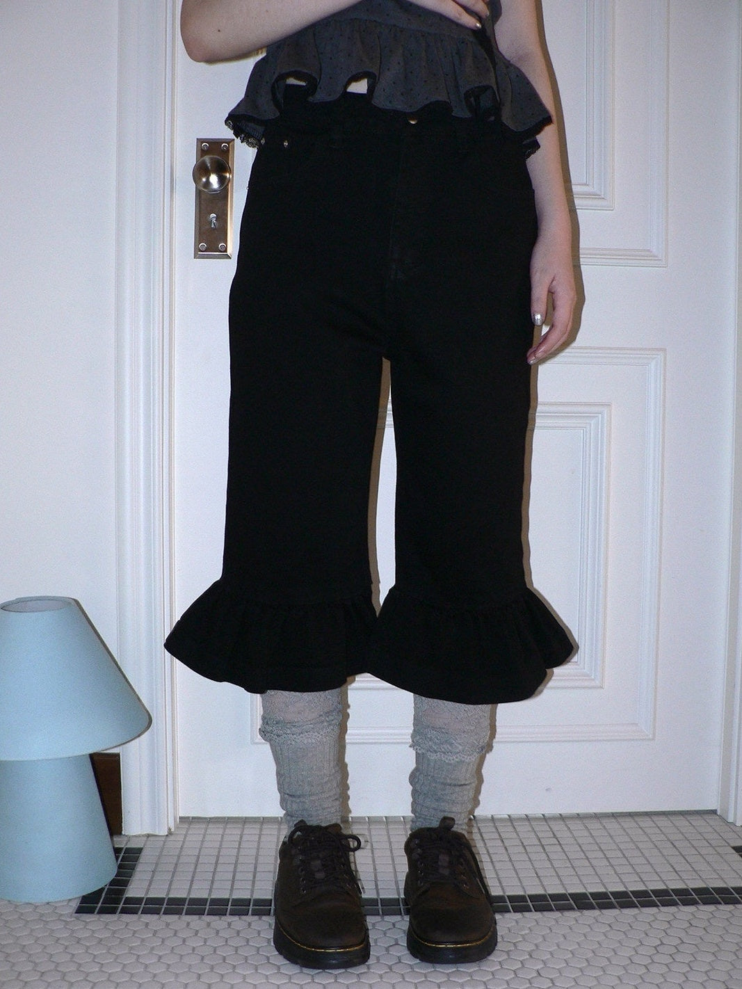 ang project Vintage Ruffle Trim High Waist Slim Cropped Flare Women&