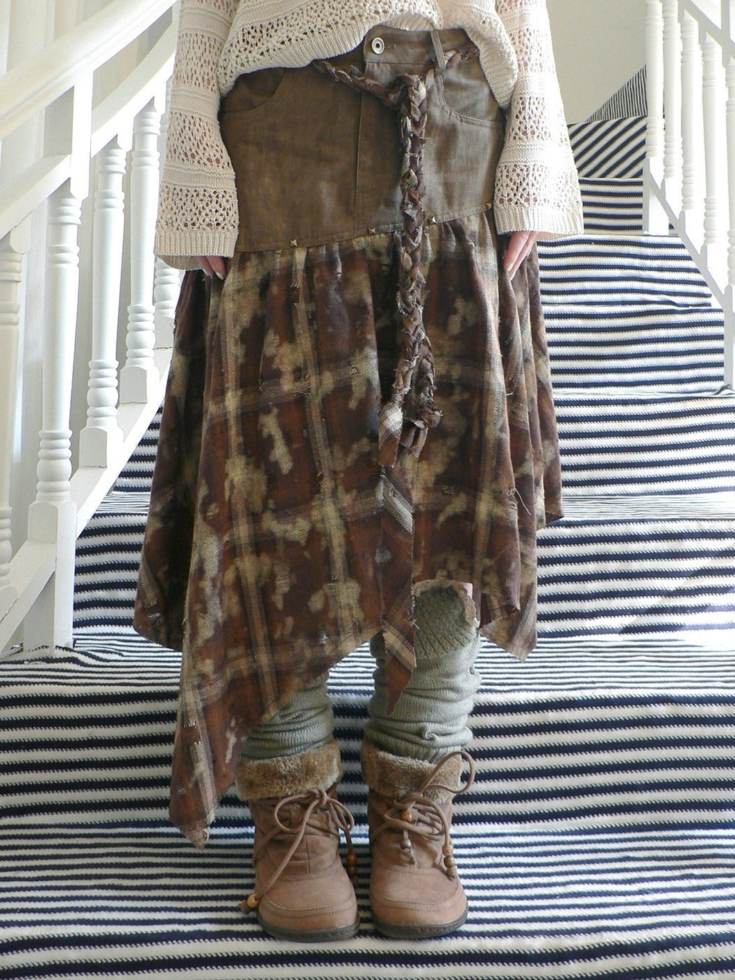 ang project Distressed Tie Dye Plaid Rivet Patchwork Asymmetric Tie Strap Women&