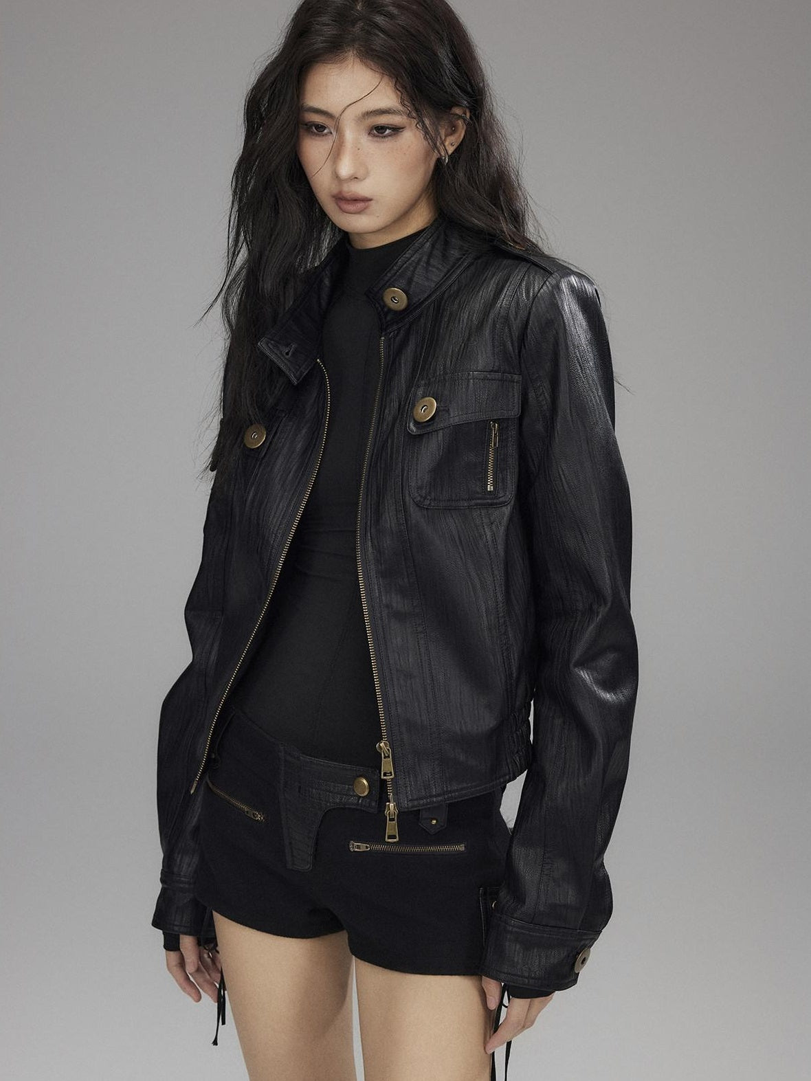 Low pixel Insulated Waist Cinch Workwear Multipocket Lapel Zip Black Women Leather Jackets